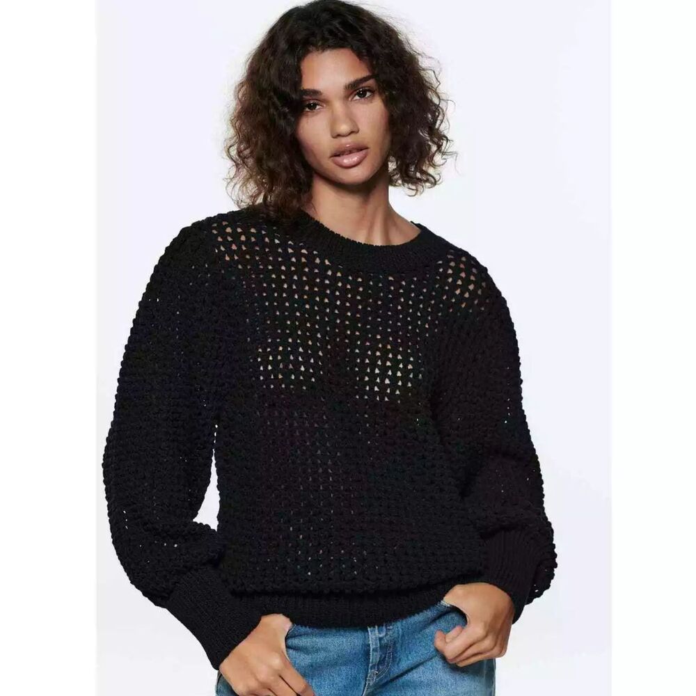 ZARA Black Crewneck Sweater Open Knit Balloon Lng Sleeve Cotton Blend Pullover M